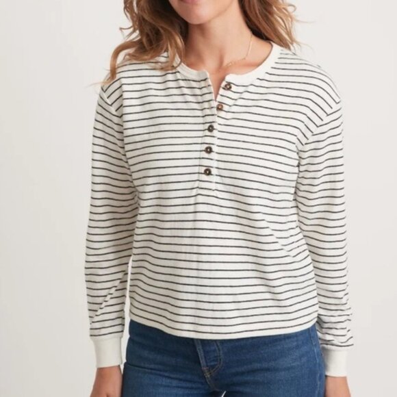 Marine Layer Double Knit Carter Henley Long Sleeve Top in White/Black Stripe - Picture 1 of 9